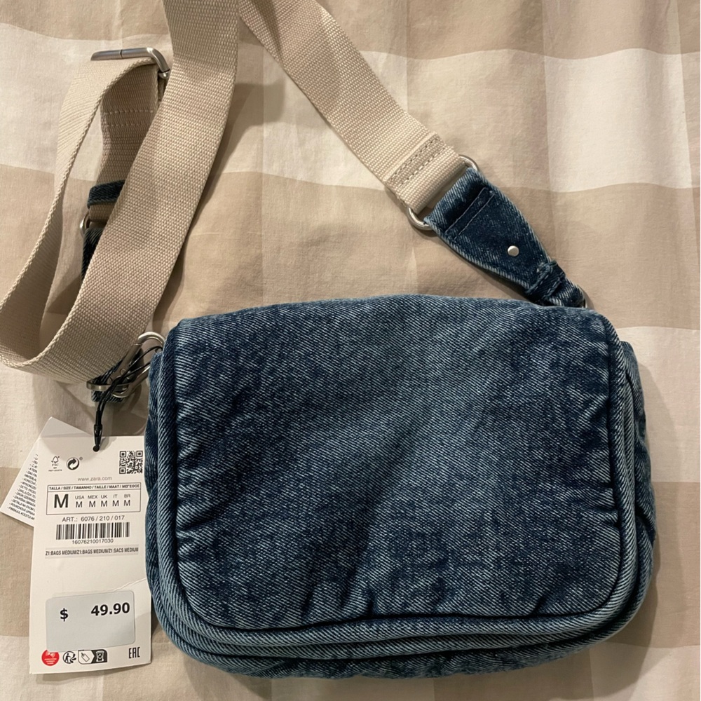 Zara, small denim crossbody with cotton adjustable strap. Never used, with tags